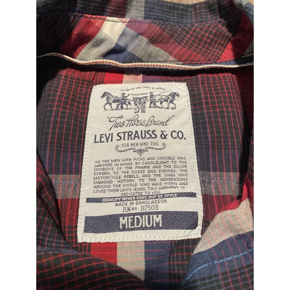 Levis Western Shirt Men M Red Blue White Plaid Snap Front Two Horse Brand Cowboy